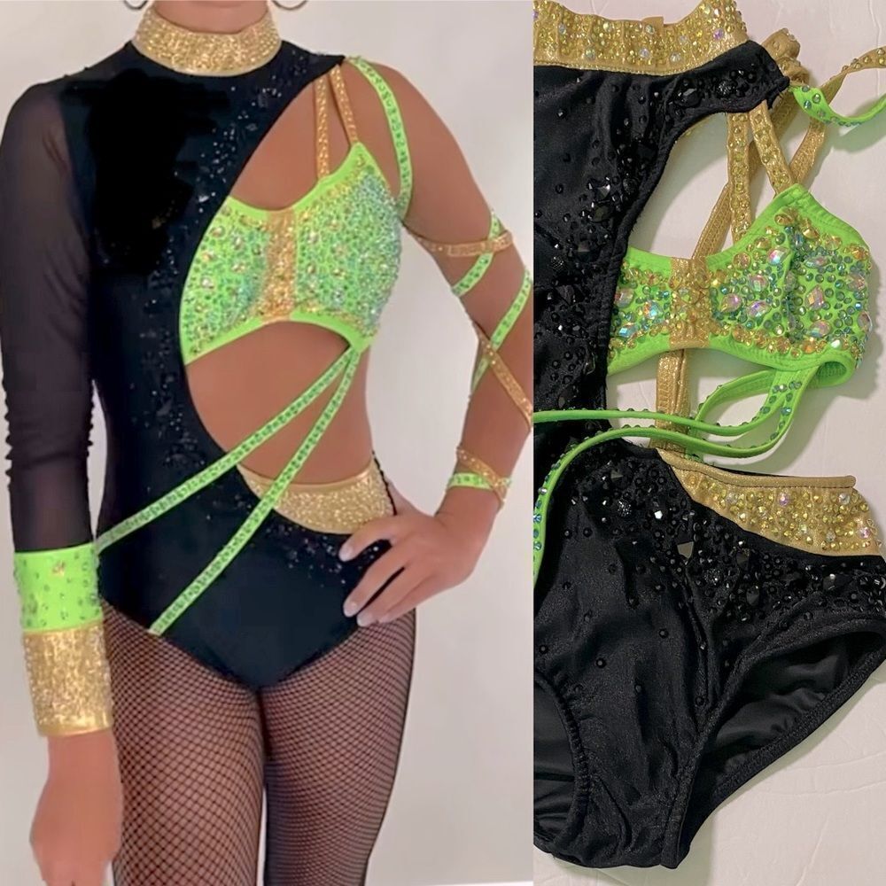 Glamour solo dance costume leotard Money green embellished rhinestone SC child
